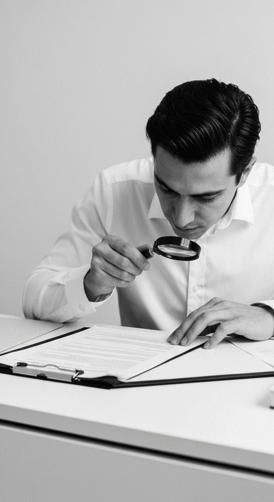 Person looking at legal documents with a magnifying glass, representing legal framework and understanding rights