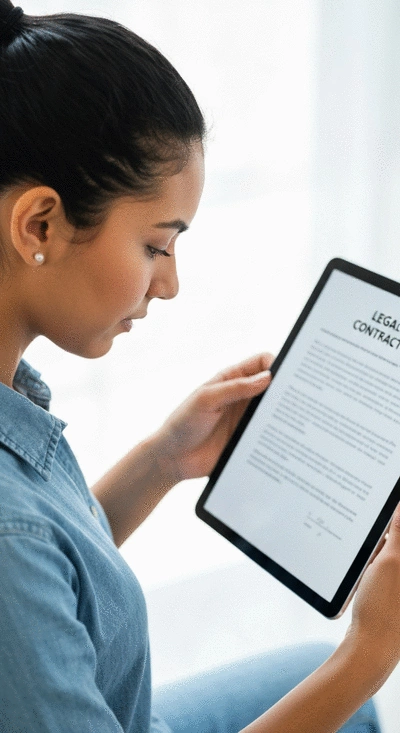 Tenant reviewing legal documents on a tablet, symbolizing understanding their rights regarding repairs