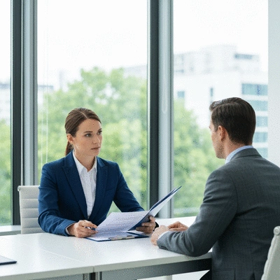 Professional legal consultation in a modern office, showing a lawyer and client discussing documents