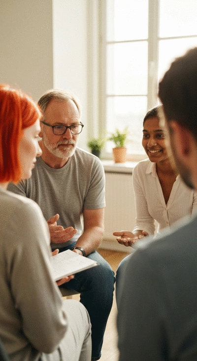 Diverse group of people in a support group session, actively listening and engaging. No text, no words, no typography, no labels, clean image.