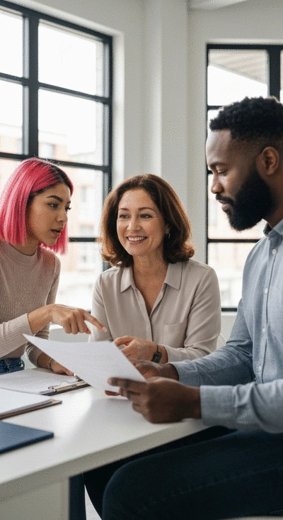 Tenants discussing housing concerns with a legal advisor, showing empowerment and advocacy