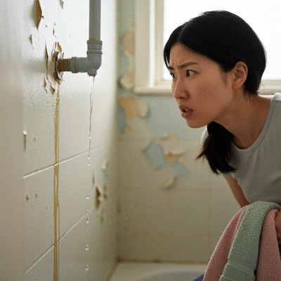 UK tenant looking at a broken pipe in a home, representing housing disrepair