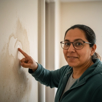 Person pointing to a damp patch on a wall, illustrating housing disrepair
