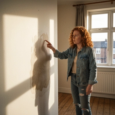 Tenant pointing at a damp patch on a wall, showing concern, in a council housing property