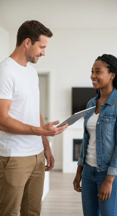 Landlord and tenant discussing repair needs in a clean, well-maintained home, fostering trust and transparency