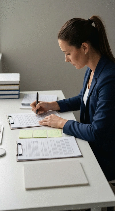 Person organizing documents and medical records for a stress claim