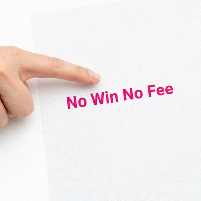 Close-up of a hand pointing at a legal document with 'No Win No Fee' highlighted, representing an agreement, clean image, no text, no words, no typography, no labels