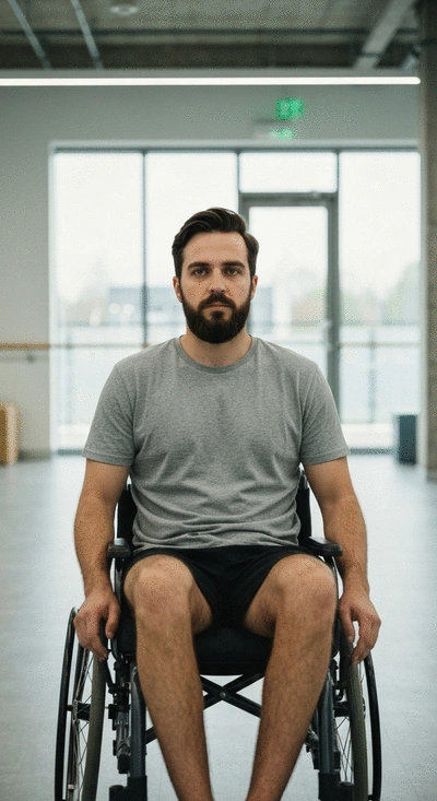 Person in wheelchair, looking determinedly forward, in a rehabilitation center. No text, no words, no typography, no labels, clean image.