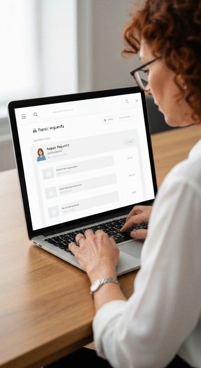 Person using a laptop to track repair requests and landlord communications