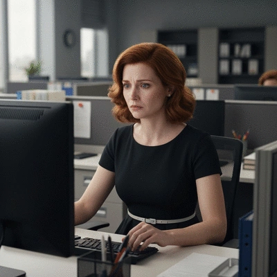 Person looking distressed at a computer screen, representing workplace bullying or harassment