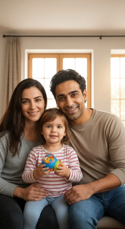 Family receiving support for temporary housing, showing a sense of relief and stability, clean image