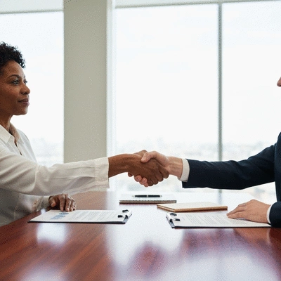 Two diverse people shaking hands over a table with legal documents, symbolizing a fair resolution to a workplace dispute.