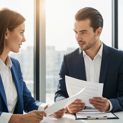 Modern office setting with a legal professional and client discussing documents, highlighting transparency and understanding.