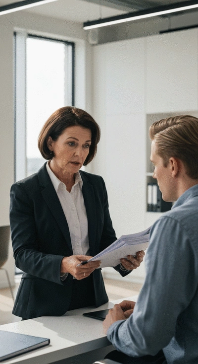 Professional solicitor explaining legal documents to a client in an office setting