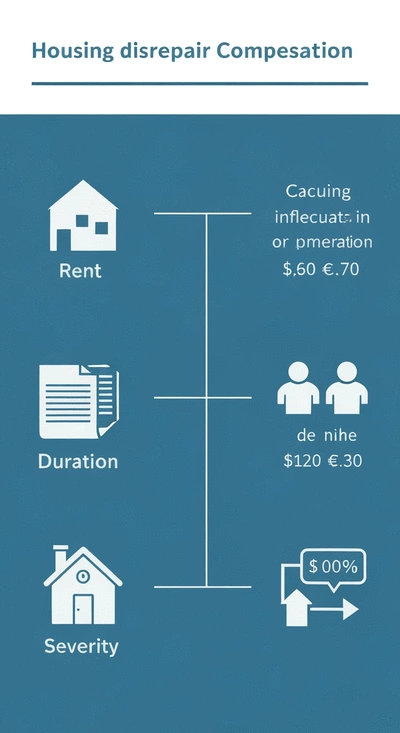 Illustration of three key factors: rent, duration, and severity, influencing housing disrepair compensation, with icons representing each element in a clean, professional style.
