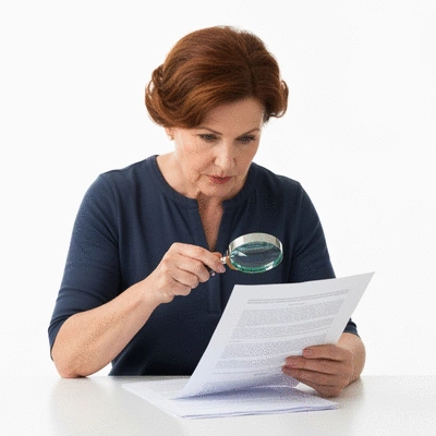 Person reviewing documents with a magnifying glass, symbolizing evidence collection for housing disrepair claims