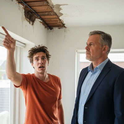 Tenant pointing at a leaking roof with water damage in a rented apartment, landlord looking concerned