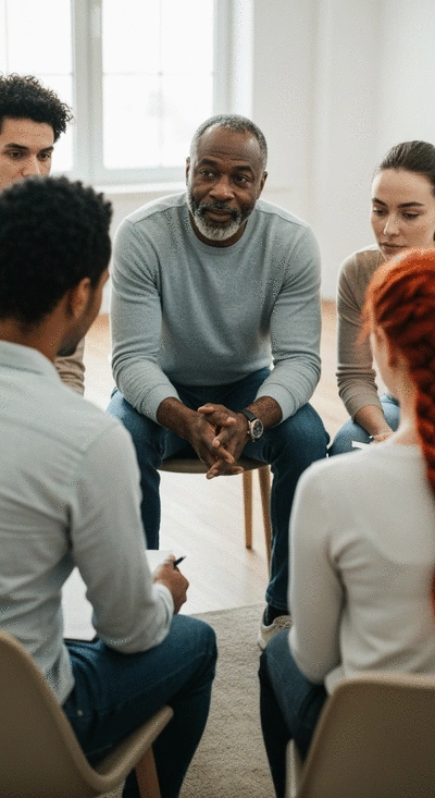 Diverse group of people in a support group, showing empathy and connection