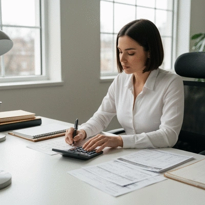 Employee looking at a calendar, calculating holiday pay with a calculator and documents on a desk