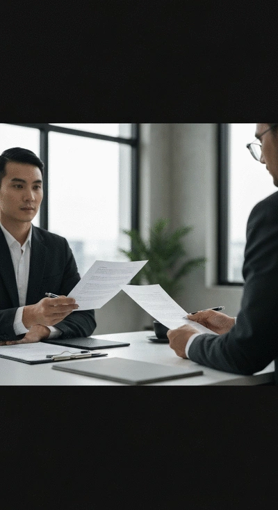 Two professionals discussing legal documents, representing mediation or arbitration