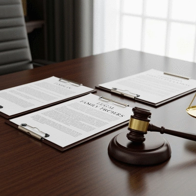 Legal documents and a gavel on a desk, symbolizing legal procedures related to family law
