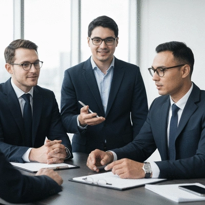 A diverse group of professionals in a legal setting, indicating a complaint resolution process, with a blurred background.
