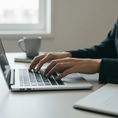 Close-up of hands typing on a laptop, with legal documents and a pen on the desk, representing documentation of incidents