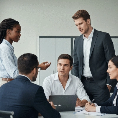 Professional diverse group of people in a modern office collaborating, representing different aspects of workplace dynamics and dispute resolution, neutral lighting, professional setting
