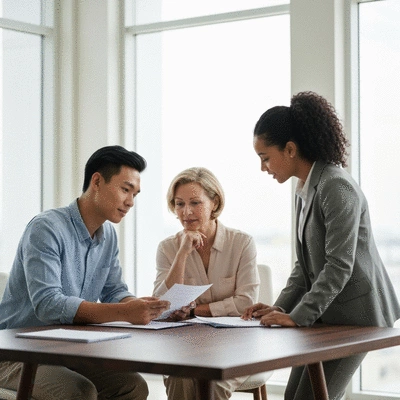 Couple consulting with a housing advisor in a modern office