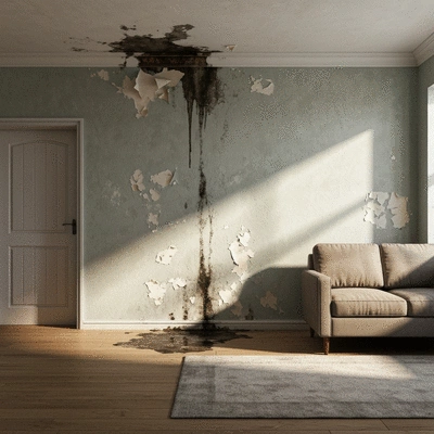 Modern living room with visible signs of disrepair like damp patches on the wall and a leaking ceiling, emphasizing the need for housing disrepair claims, no text, no words, no typography