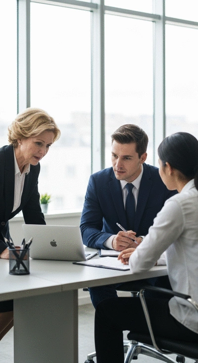 Legal team consulting with a witness