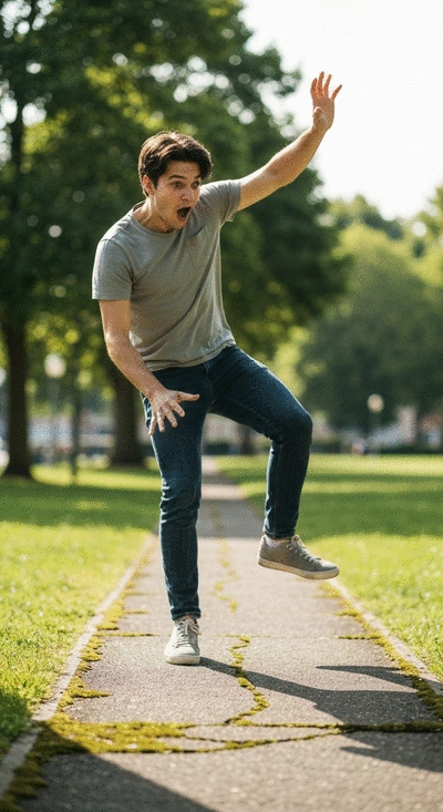Person tripping on an uneven sidewalk in a public park, illustrating a public place accident