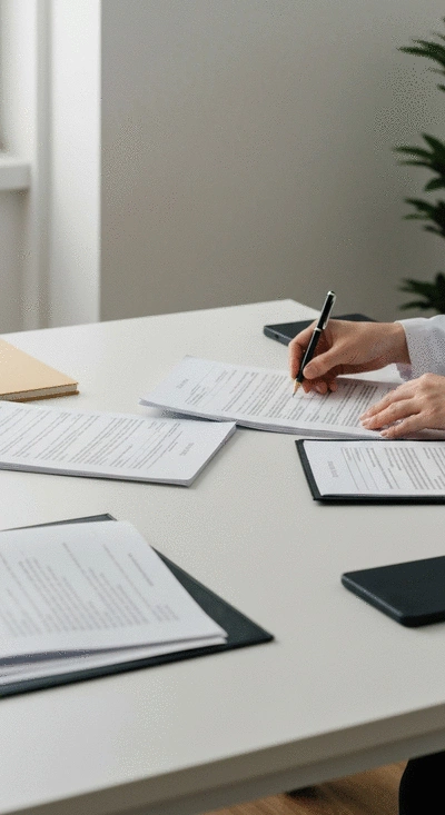 Person organizing medical documents and records on a desk, representing preparation for an IME