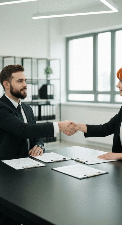 Two people shaking hands over a table with legal documents, symbolizing dispute resolution and agreement