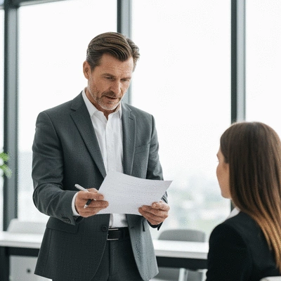 Professional lawyer explaining legal documents to a client in an office, symbolizing legal guidance for unfair dismissal claims