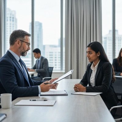 Professional legal consultant advising a client on a settlement agreement