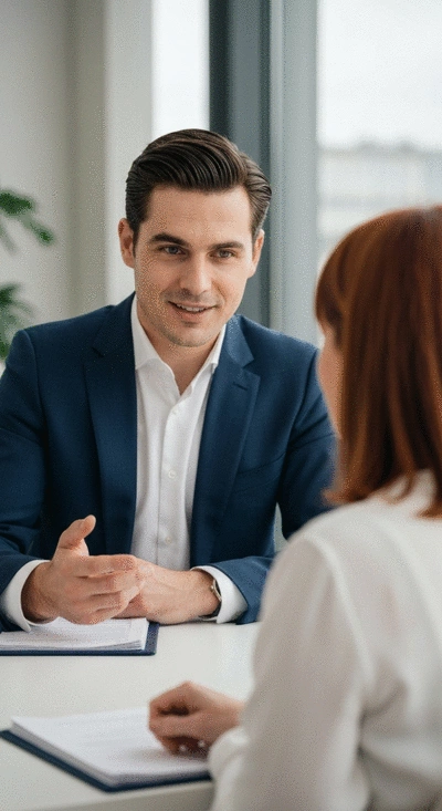 Professional solicitor discussing legal options with a client in a modern office