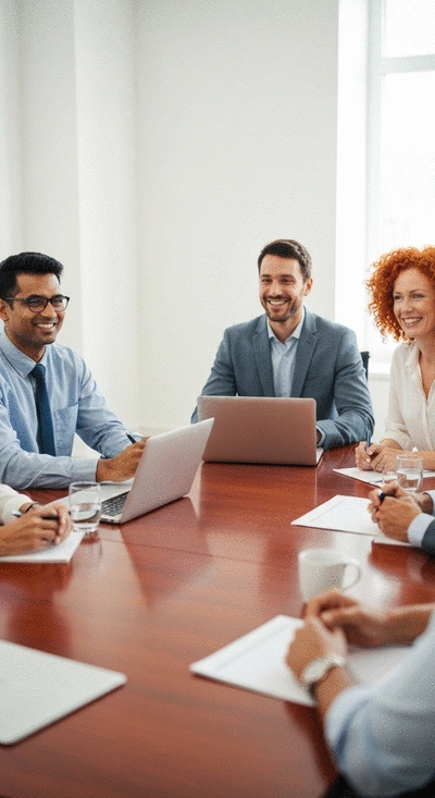 Professional diverse group of multi-generational employees in a meeting, actively listening and contributing
