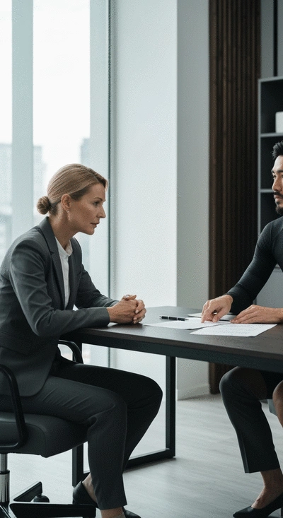 Cyclist receiving legal advice from a lawyer in an office setting