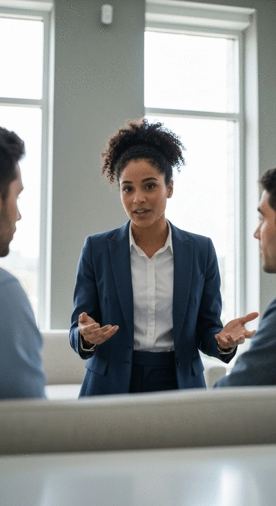 Professional legal advisor explaining employment law to a client in an office setting