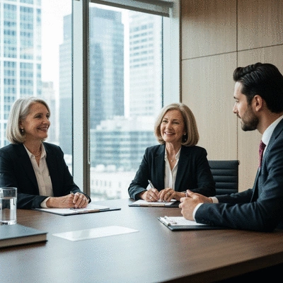 Legal professional advising a client in a modern office setting