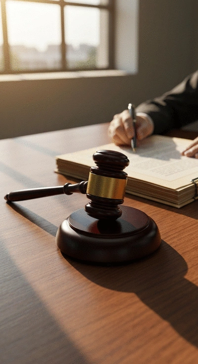 Gavel on a wooden desk with legal papers, symbolizing legal process and justice