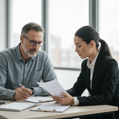 Two people discussing legal documents at a table
