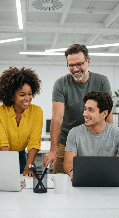 Diverse group of employees collaborating in a modern office, representing harmonious workplace relations