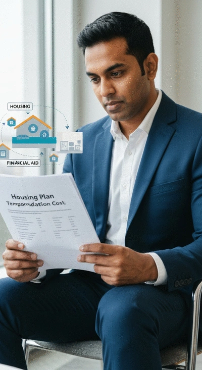 Person looking at a document with an abstract representation of housing and financial aid, emphasizing the concept of temporary accommodation costs.