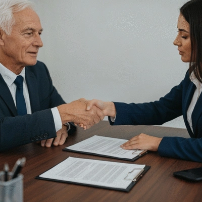 Close-up of a handshake between a client and a solicitor over legal documents, symbolizing trust and agreement in a no win no fee claim.