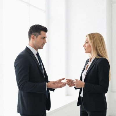 Two people in a modern office setting discussing legal documents, representing a client consultation, clean image, no text, no words, no typography, no labels