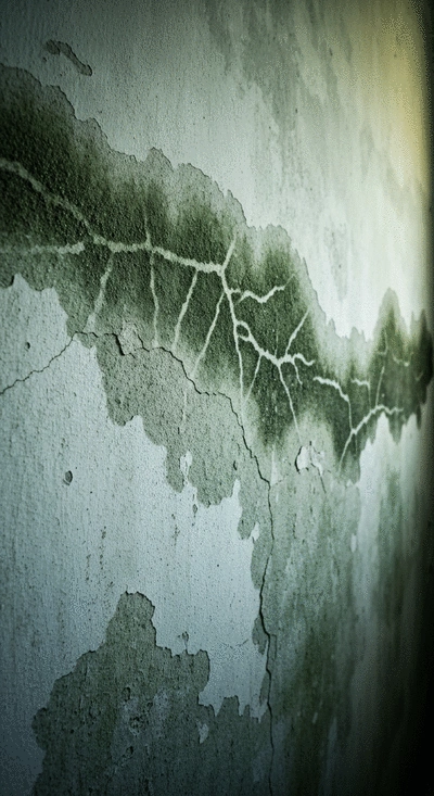 Close-up of a damp, moldy wall in a poorly maintained home, illustrating housing disrepair