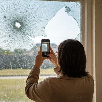 Close-up of a person taking a photo of a broken window with a smartphone, documenting housing disrepair