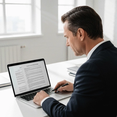 Person looking at legal documents on a laptop, representing constructive dismissal and legal processes